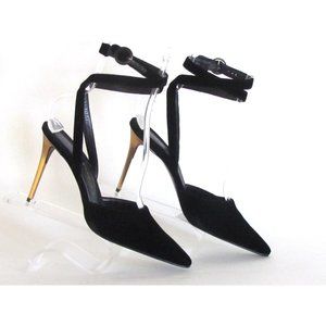 Donna Karan New York Black Velvet Ankle Strap Gold Metal Heel Designer Shoes 8M